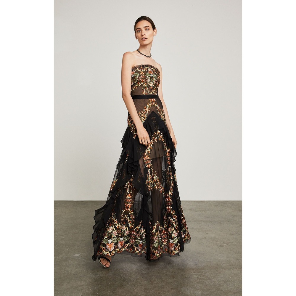 BCBGMAXAZRIA Size 0 Maxi Dress Strapless‎ Floral Embroidered Ruffle Evening Gown